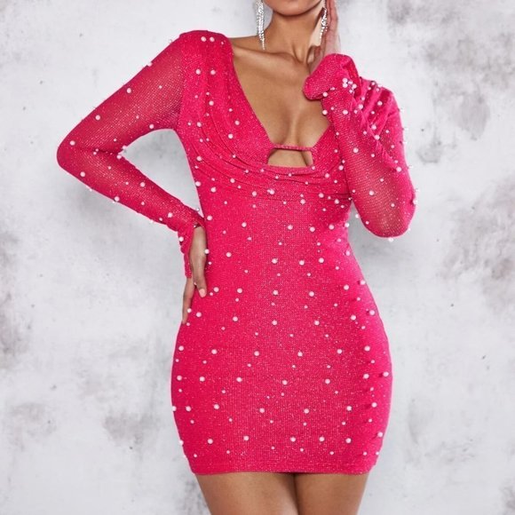 Hot Pink Sexy Womens Pearls Beaded Cut Out Draped Front Split Cuff Bodycon Dress - Picture 4 of 5